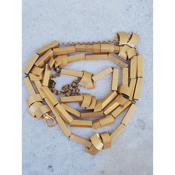 Chunky Gold Tone Geometric Statement Necklace – Layered Sculptural Boho Glam - Picture 4 of 14